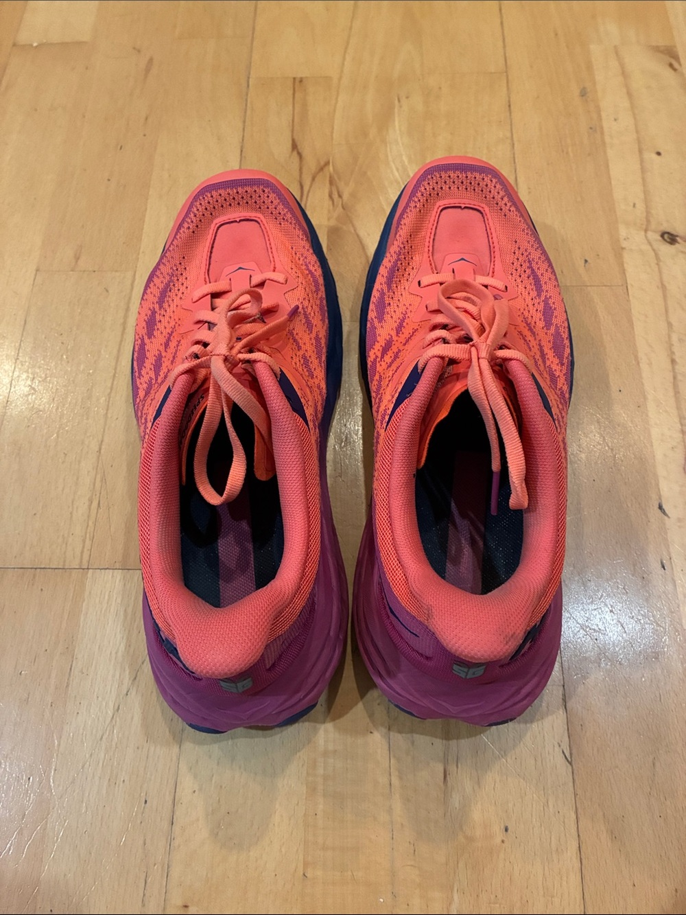 Hoka Coral Pink and Navy Women's Speedgoat Running Shoes - Picture 2 of 5